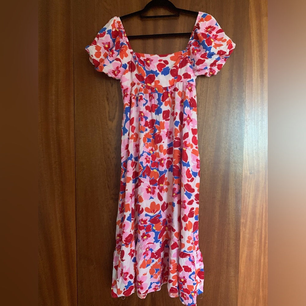 Shop Neighbor by in the beginning pink and red Floral midi dress size small